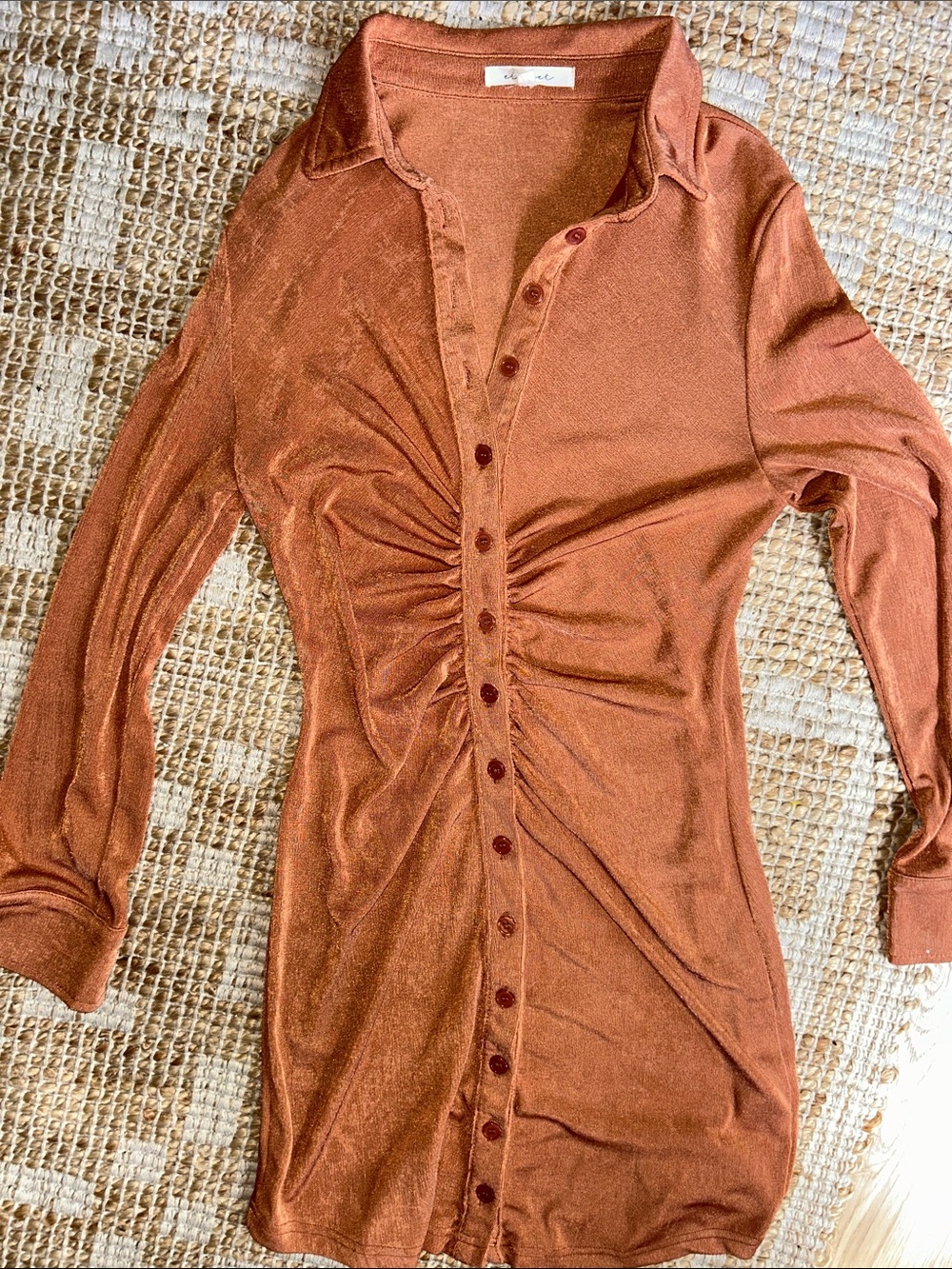 Ruched Button-Front Mini Dress in Rust